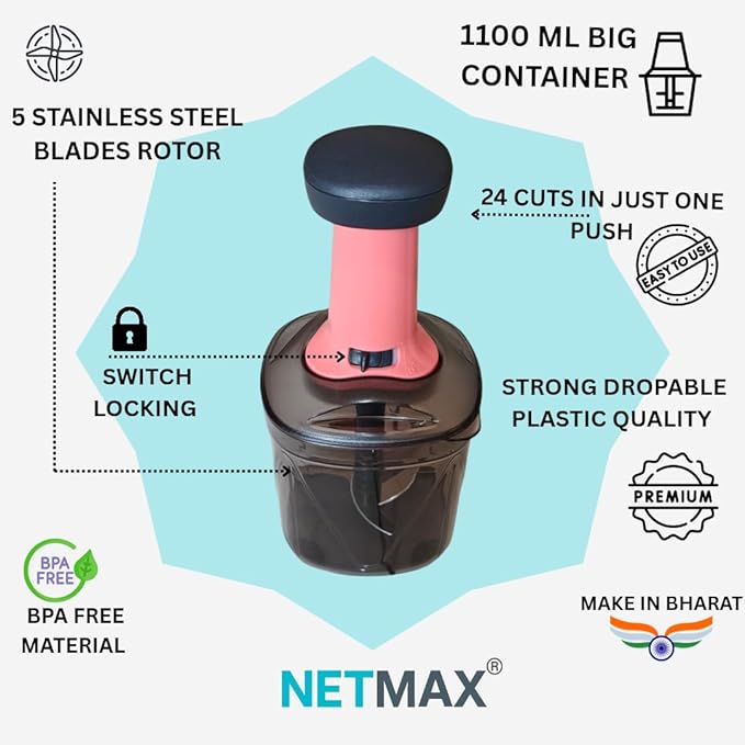 Premium Square Push Chopper Vegetable Cutter with Curved Stainless Steel Blades & Switch Locking - 1100ml (PEACH, 1100)