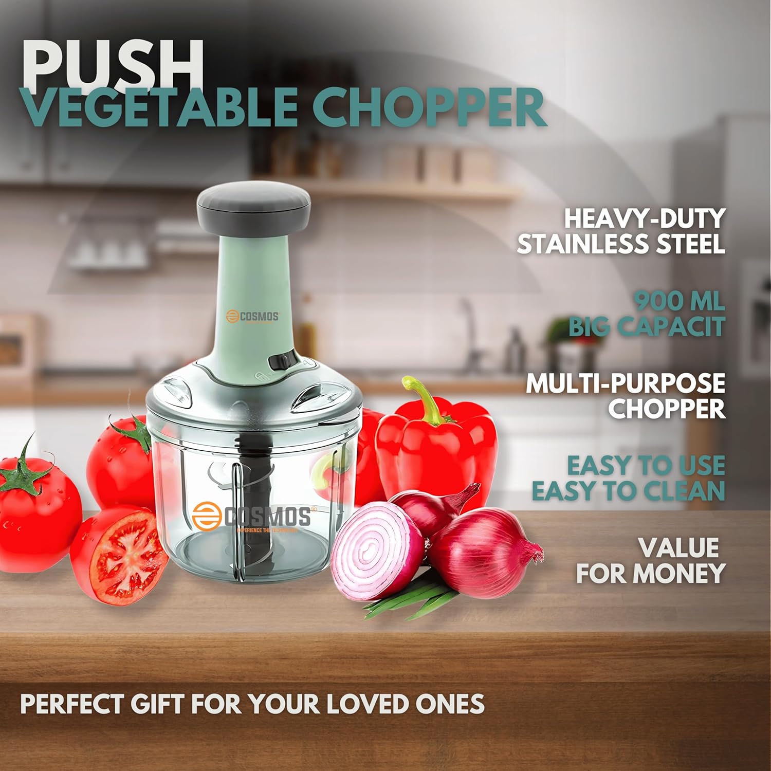 Premium Square Push Chopper Vegetable Cutter with Curved Stainless Steel Blades & Switch Locking - 1100ml (PEACH, 1100)